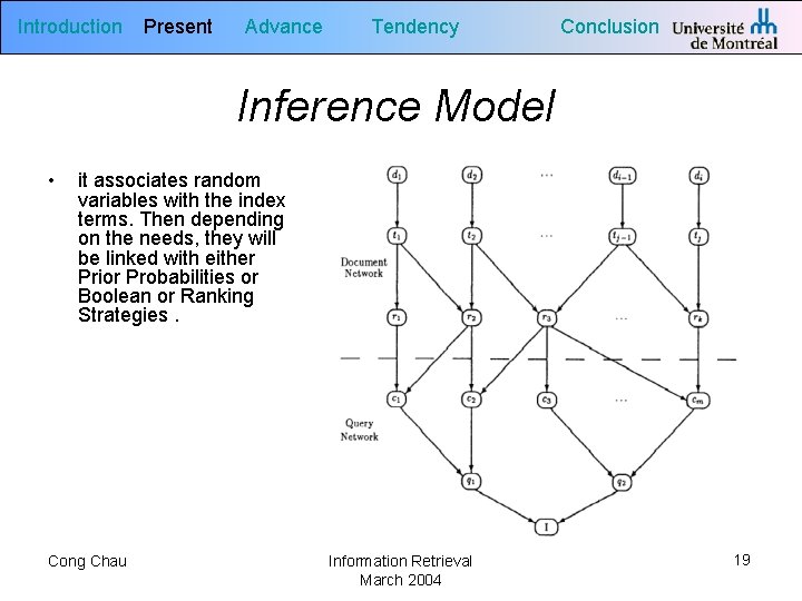 Introduction Present Advance Tendency Conclusion Inference Model • it associates random variables with the