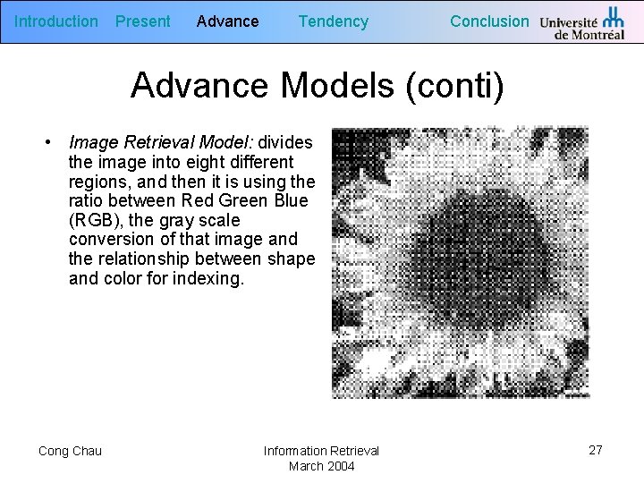 Introduction Present Advance Tendency Conclusion Advance Models (conti) • Image Retrieval Model: divides the