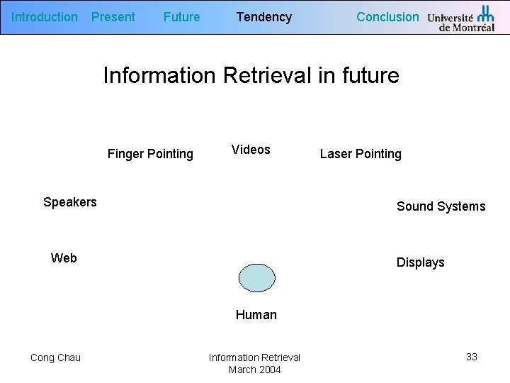 Introduction Present Future Tendency Conclusion Information Retrieval in future Finger Pointing Videos Speakers Laser