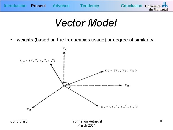 Introduction Present Advance Tendency Conclusion Vector Model • weights (based on the frequencies usage)