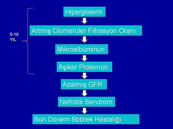 Hiperglisemi 5 -10 YIL Artmış Glomerüler Filtrasyon Oranı Mikroalbüminüri Aşikar Proteinüri Azalmış GFR Nefrotik