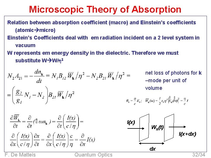 Microscopic Theory of Absorption Relation between absorption coefficient (macro) and Einstein’s coefficients (atomic micro)