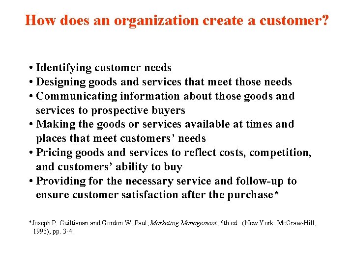 How does an organization create a customer? • Identifying customer needs • Designing goods