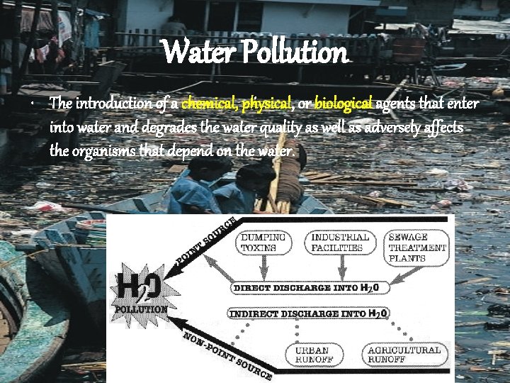 Water Pollution. or biological agents that enter • The introduction of a chemical, physical,