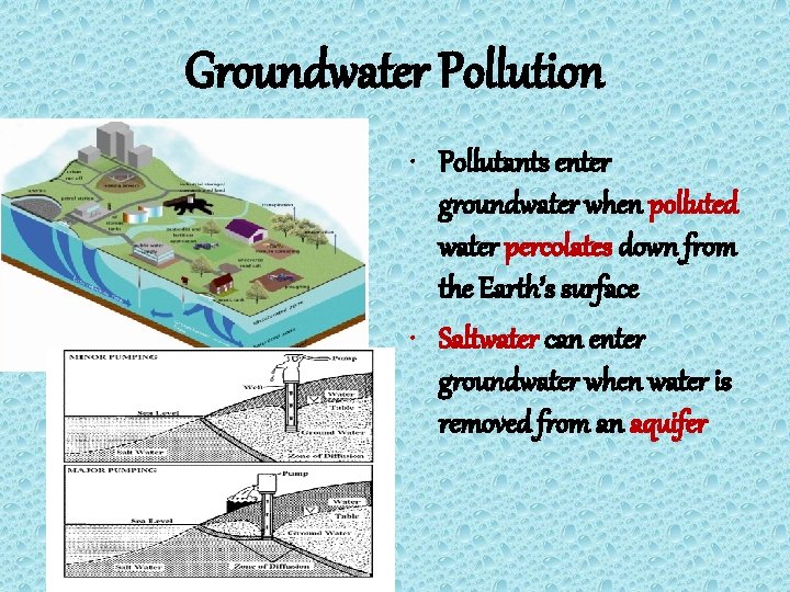 Groundwater Pollution • Pollutants enter groundwater when polluted water percolates down from the Earth’s