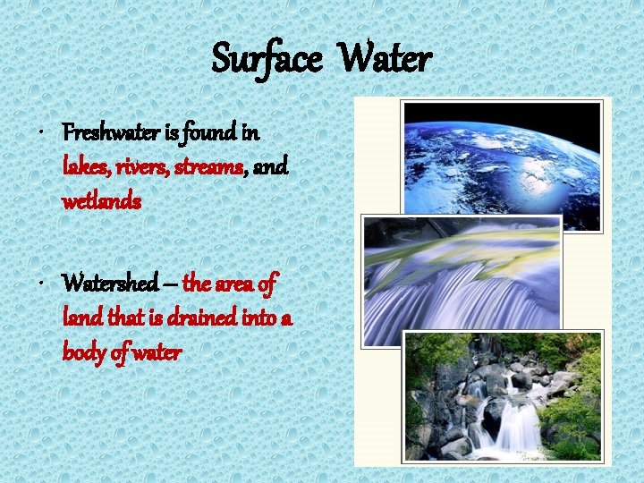 Surface Water • Freshwater is found in lakes, rivers, streams, and wetlands • Watershed