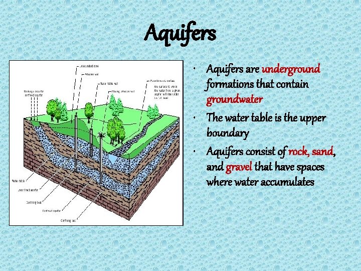 Aquifers • Aquifers are underground formations that contain groundwater • The water table is