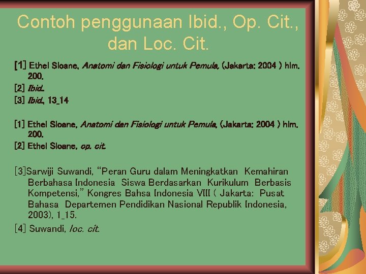 Contoh penggunaan Ibid. , Op. Cit. , dan Loc. Cit. [1] Ethel Sloane, Anatomi