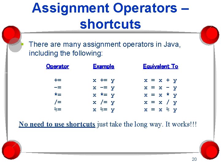 Assignment Operators – shortcuts § There are many assignment operators in Java, including the