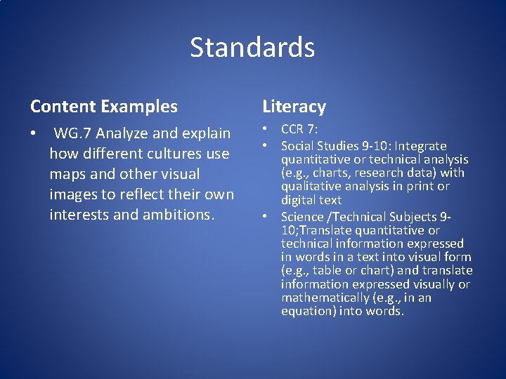 Standards Content Examples Literacy • WG. 7 Analyze and explain how different cultures use