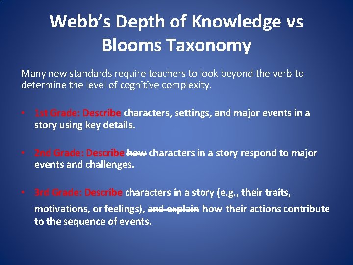 Webb’s Depth of Knowledge vs Blooms Taxonomy Many new standards require teachers to look