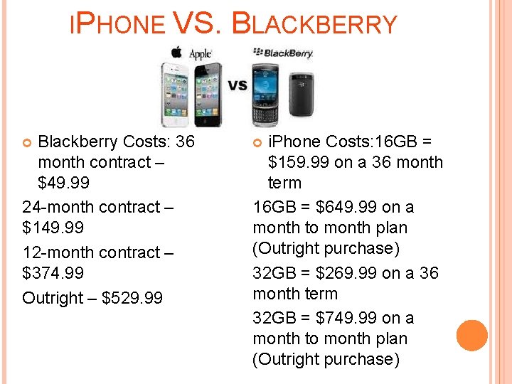 IPHONE VS. Blackberry Costs: 36 month contract – $49. 99 24 -month contract –