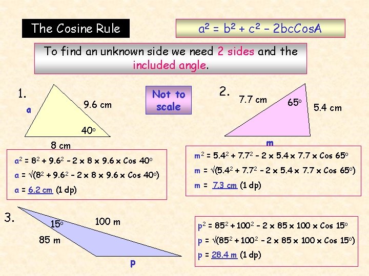 The Cosine Rule a 2 = b 2 + c 2 – 2 bc.