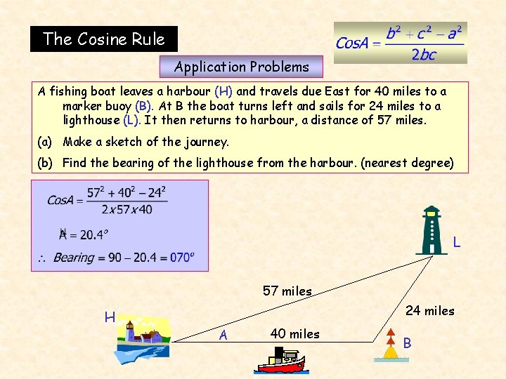 The Cosine Rule Application Problems A fishing boat leaves a harbour (H) and travels