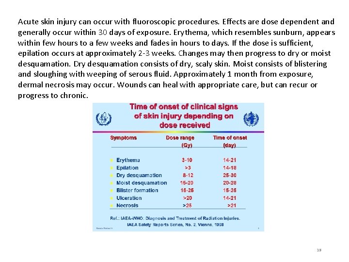 Acute skin injury can occur with fluoroscopic procedures. Effects are dose dependent and generally