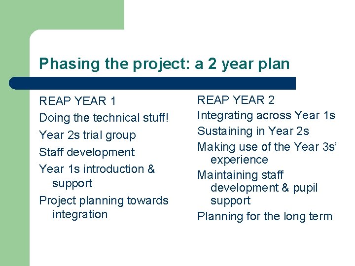 Phasing the project: a 2 year plan REAP YEAR 1 Doing the technical stuff!