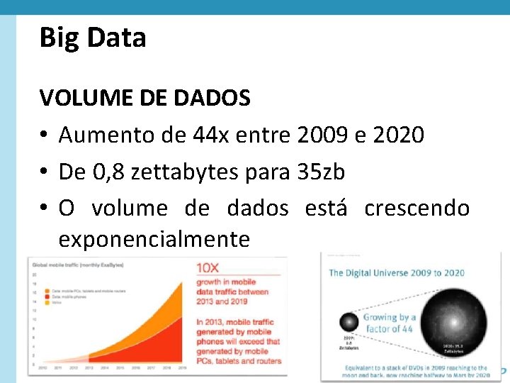 Big Data VOLUME DE DADOS • Aumento de 44 x entre 2009 e 2020