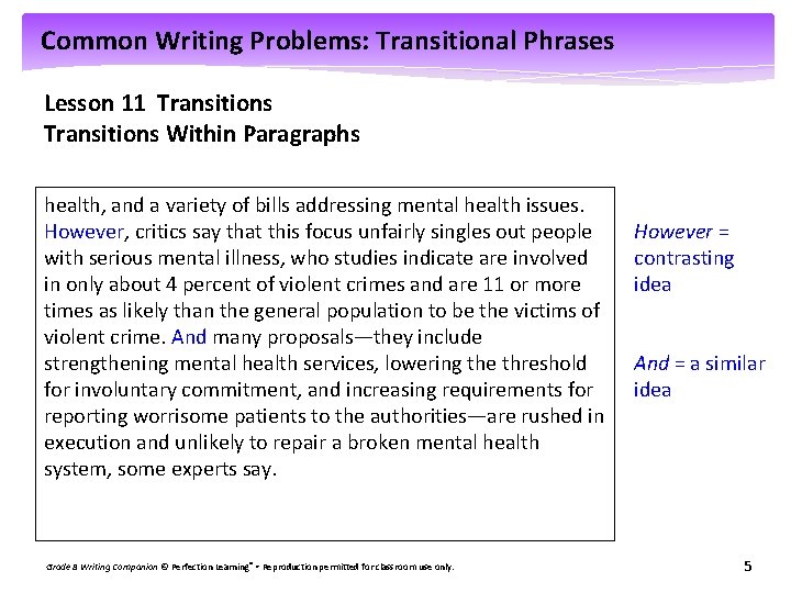 Common Writing Problems: Transitional Phrases Lesson 11 Transitions Within Paragraphs health, and a variety