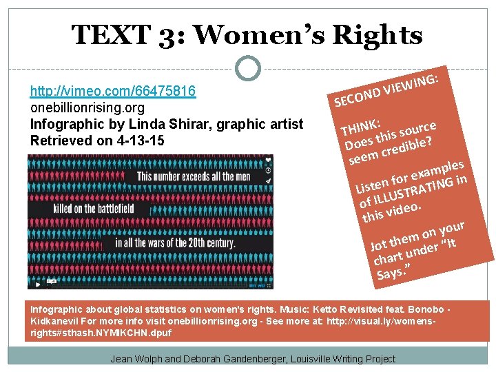TEXT 3: Women’s Rights http: //vimeo. com/66475816 onebillionrising. org Infographic by Linda Shirar, graphic