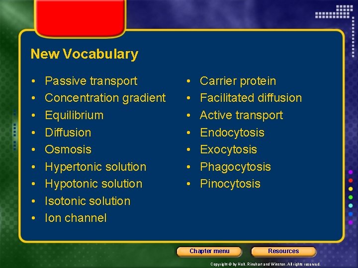 New Vocabulary • • • Passive transport Concentration gradient Equilibrium Diffusion Osmosis Hypertonic solution