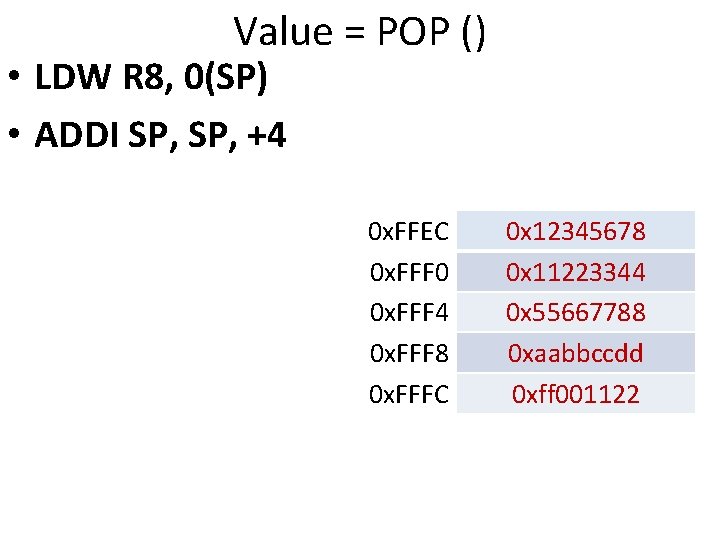 Value = POP () • LDW R 8, 0(SP) • ADDI SP, +4 00