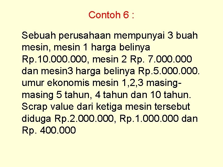 Contoh 6 : Sebuah perusahaan mempunyai 3 buah mesin, mesin 1 harga belinya Rp.