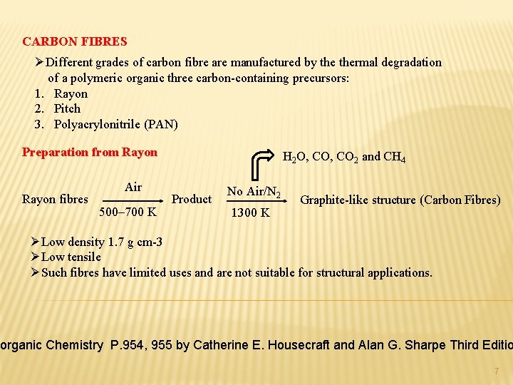 CARBON FIBRES ØDifferent grades of carbon fibre are manufactured by thermal degradation of a