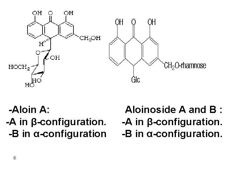 -Aloin A: -A in β-configuration. -B in α-configuration 6 Aloinoside A and B :