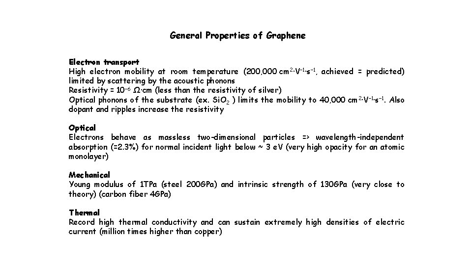 General Properties of Graphene Electron transport High electron mobility at room temperature (200, 000