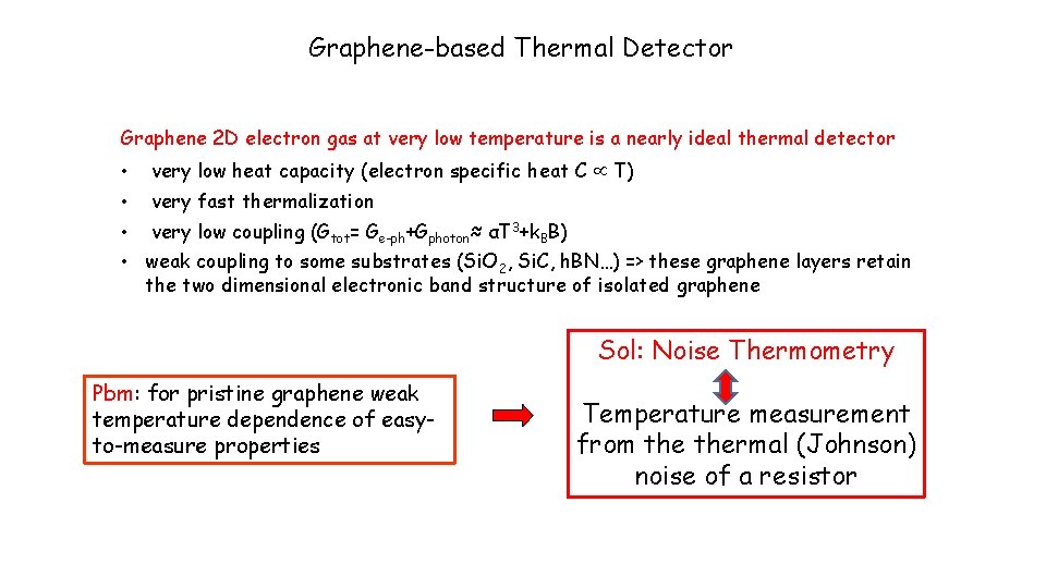 Graphene-based Thermal Detector Graphene 2 D electron gas at very low temperature is a