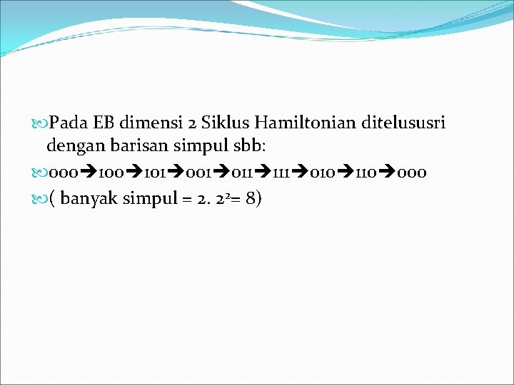  Pada EB dimensi 2 Siklus Hamiltonian ditelususri dengan barisan simpul sbb: 000 101