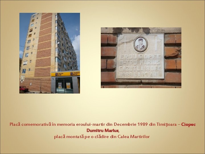 Placă comemorativă în memoria eroului-martir din Decembrie 1989 din Timişoara – Ciopec Dumitru Marius,