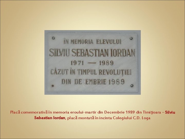 Placă comemorativă în memoria eroului-martir din Decembrie 1989 din Timişoara – Silviu Sebastian Iordan,