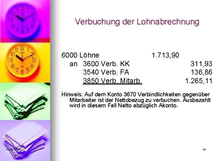 Verbuchung der Lohnabrechnung 6000 Löhne an 3600 Verb. KK 3540 Verb. FA 3850 Verb.