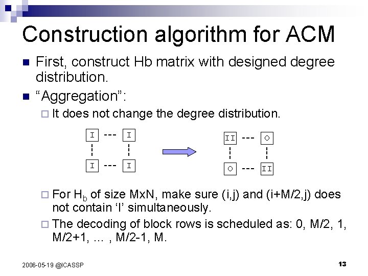 Construction algorithm for ACM n n First, construct Hb matrix with designed degree distribution.