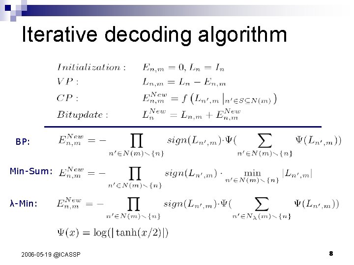 Iterative decoding algorithm BP: Min-Sum: λ-Min: 2006 -05 -19 @ICASSP 8 