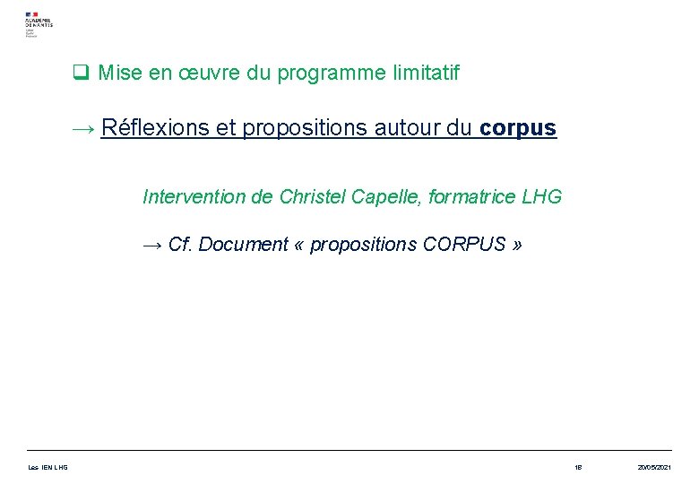 q Mise en œuvre du programme limitatif → Réflexions et propositions autour du corpus