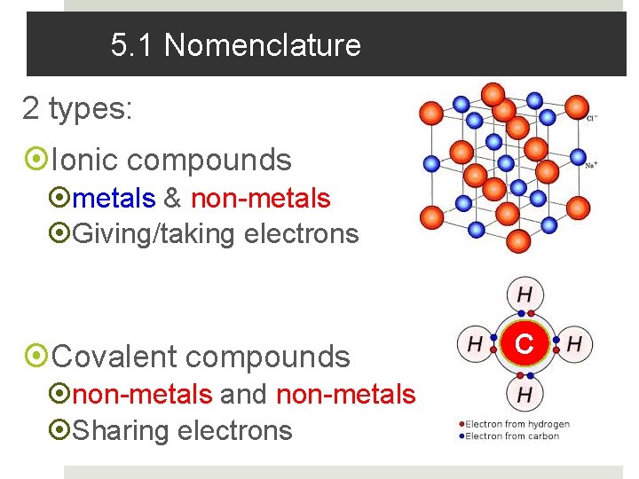 5. 1 Nomenclature 2 types: Ionic compounds metals & non-metals Giving/taking electrons Covalent compounds
