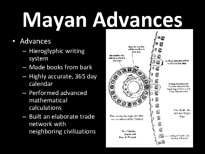 Mayan Advances • Advances – Hieroglyphic writing system – Made books from bark –