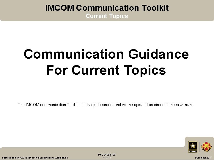 IMCOM Communication Toolkit Current Topics Communication Guidance For Current Topics The IMCOM communication Toolkit