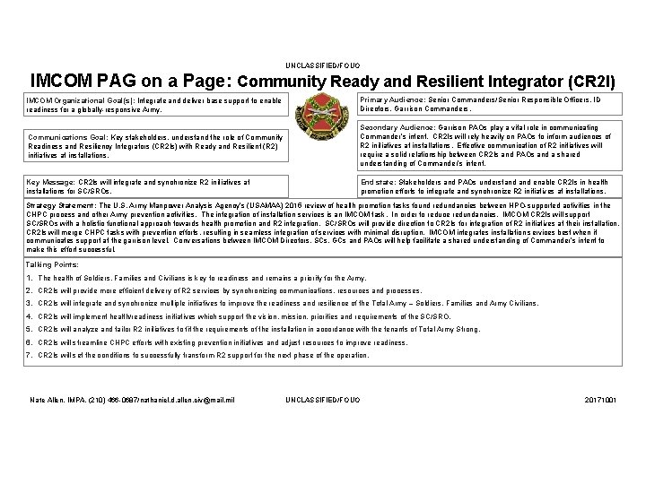 UNCLASSIFIED/FOUO IMCOM PAG on a Page: Community Ready and Resilient Integrator (CR 2 I)