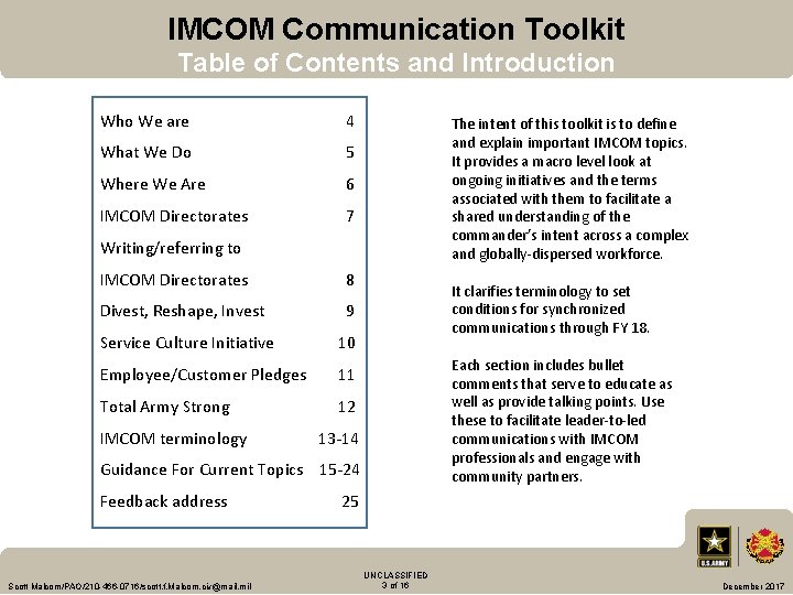 IMCOM Communication Toolkit Table of Contents and Introduction & Who We are 4 What