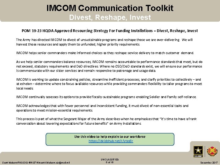 IMCOM Communication Toolkit Divest, Reshape, Invest POM 19 -23 HQDA Approved Resourcing Strategy For