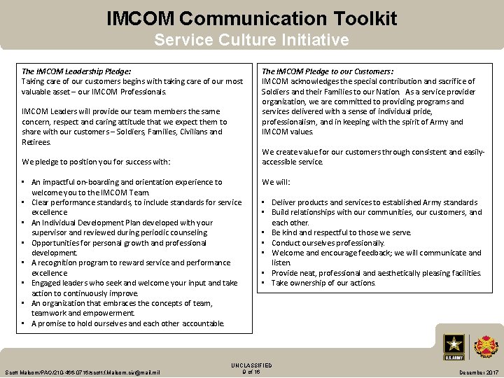 IMCOM Communication Toolkit Service Culture Initiative The IMCOM Leadership Pledge: Taking care of our