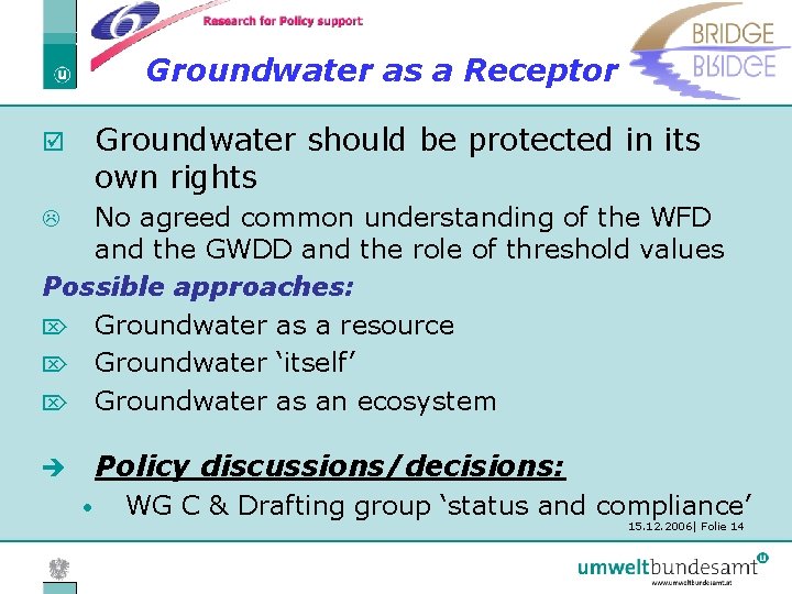 Groundwater as a Receptor Groundwater should be protected in its own rights þ No