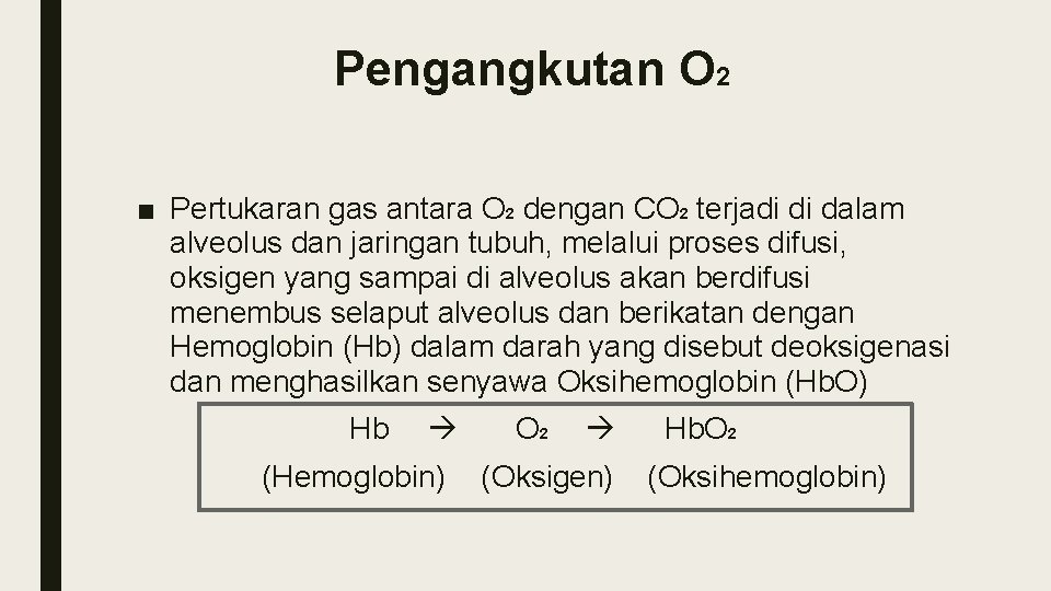 Pengangkutan O 2 ■ Pertukaran gas antara O 2 dengan CO 2 terjadi di