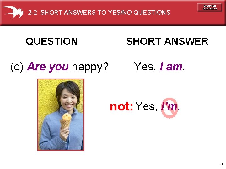 2 -2 SHORT ANSWERS TO YES/NO QUESTIONS QUESTION (c) Are you happy? SHORT ANSWER