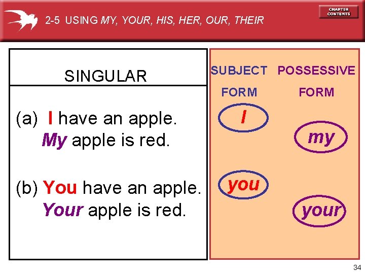 2 -5 USING MY, YOUR, HIS, HER, OUR, THEIR SINGULAR SUBJECT POSSESSIVE FORM (a)
