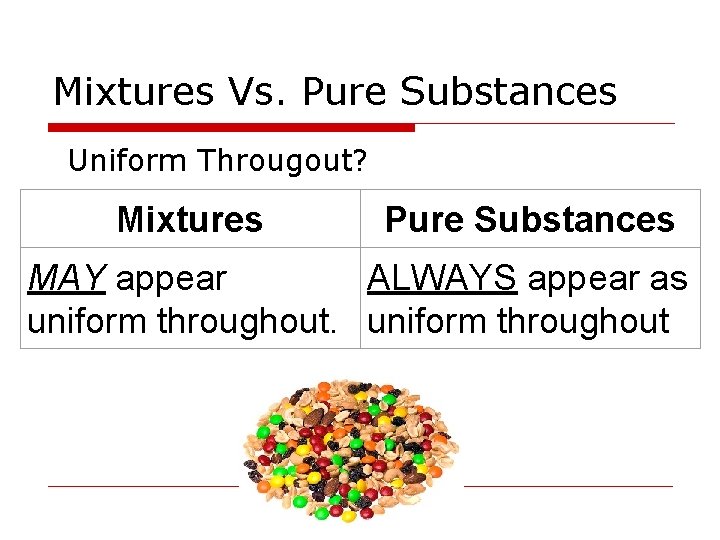 Mixtures Vs. Pure Substances Uniform Througout? Mixtures Pure Substances MAY appear ALWAYS appear as Mixtures Vs. Pure Substances Uniform Througout? Mixtures Pure Substances MAY appear ALWAYS appear as