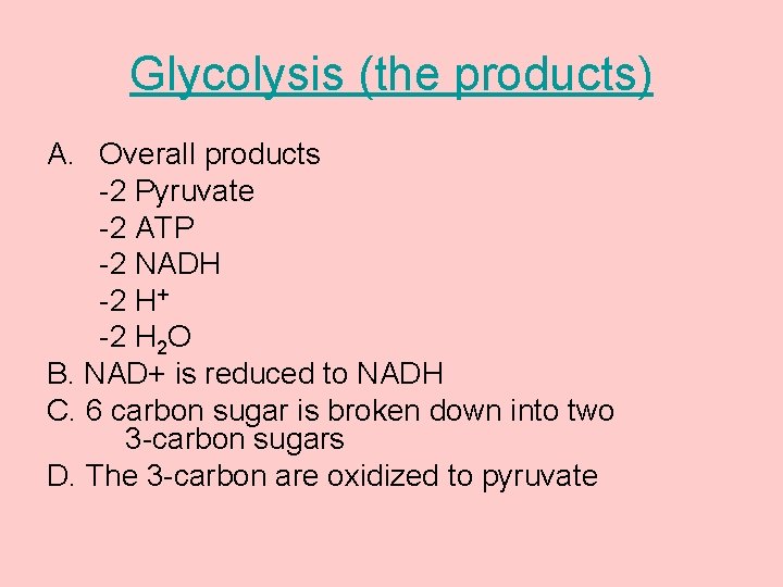 Glycolysis (the products) A. Overall products -2 Pyruvate -2 ATP -2 NADH -2 H+